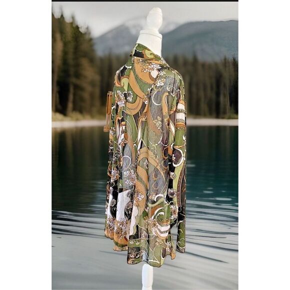 Creation Womens Plus 3X Open Front Cardigan Tan Green Floral Print Flowy NWT - Picture 2 of 6